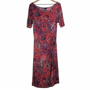 LAUREN RALPH LAUREN Dress Midi Paisley Side Tie Elbow Sleeves Classic Size Large